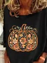 Halloween Pumpkin Print Casual Floral Crew Neck Long Sleeve T-shirt