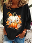 Halloween Pumpkin Print Sweatshirt Casual Floral Crew Neck Long Sleeve T-shirt