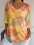 Casual Leaf V Neck Three Quarter Sleeve T-shirt
