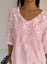 Casual Floral V Neck Three Quarter Sleeve T-shirt