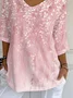 Casual Floral V Neck Three Quarter Sleeve T-shirt