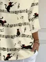 Vintage Cat And Music Art Print Crew Neck Three Quarter Sleeve T-shirt