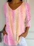 Holiday Casual Gradient 3D Sequin Print V Neck 3/4 Length Sleeve T-shirt