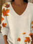 Casual Maple Leaf V Neck Long Sleeve T-shirt