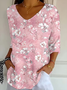 Casual Floral V Neck Three Quarter Sleeve T-shirt
