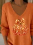 Casual Halloween Sequin Pumpkin Print V Neck Long Sleeve T-shirt