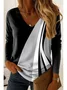Casual Color Block V Neck Long Sleeve T-shirt