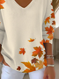 Casual Maple Leaf V Neck Long Sleeve T-shirt