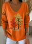 Casual Maple Leaf V Neck Long Sleeve T-shirt