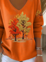 Casual Maple Leaf V Neck Long Sleeve T-shirt