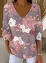 Casual Floral V Neck Long Sleeve T-shirt