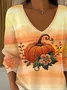 Halloween Pumpkin Print Casual Maple Leaf V Neck Long Sleeve T-shirt