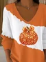 Casual Halloween Pumpkin Print V Neck Long Sleeve T-shirt