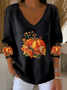 Halloween Pumpkin Print Casual Floral V Neck Long Sleeve T-shirt