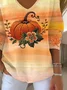 Halloween Pumpkin Print Casual Maple Leaf V Neck Long Sleeve T-shirt