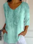 Casual Floral V Neck Three Quarter Sleeve T-shirt