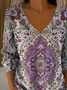 Casual Ethnic V Neck Long Sleeve T-shirt