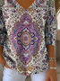 Casual Ethnic V Neck Long Sleeve T-shirt