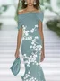 Women Floral Summer Printing Dress Cold Shoulder Cap Sleeve H-Line Dress