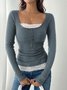 Casual Color Block Square Neck Long Sleeve T-shirt