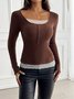 Casual Color Block Square Neck Long Sleeve T-shirt
