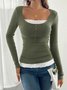 Casual Color Block Square Neck Long Sleeve T-shirt