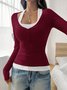 Casual Plain Square Neck Long Sleeve T-shirt