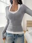 Casual Plain Square Neck Long Sleeve T-shirt