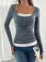 Casual Color Block Square Neck Long Sleeve T-shirt