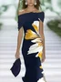Women Floral Summer Printing Dress Cold Shoulder Cap Sleeve H-Line Dress