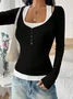 Casual Plain Square Neck Long Sleeve T-shirt