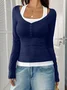 Casual Plain Square Neck Long Sleeve T-shirt