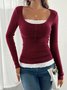 Casual Color Block Square Neck Long Sleeve T-shirt