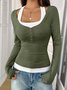 Casual Plain Square Neck Long Sleeve T-shirt