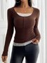 Casual Color Block Square Neck Long Sleeve T-shirt
