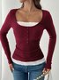 Casual Color Block Square Neck Long Sleeve T-shirt