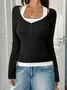 Casual Plain Square Neck Long Sleeve T-shirt