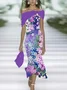 Women Floral Summer Printing Dress Cold Shoulder Cap Sleeve H-Line Dress