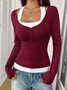 Casual Plain Square Neck Long Sleeve T-shirt