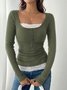 Casual Color Block Square Neck Long Sleeve T-shirt