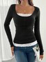 Casual Color Block Square Neck Long Sleeve T-shirt