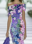 Women Floral Summer Printing Dress Cold Shoulder Cap Sleeve H-Line Dress