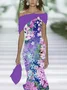 Women Floral Summer Printing Dress Cold Shoulder Cap Sleeve H-Line Dress