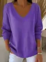 Casual Plain V Neck Long Sleeve T-shirt