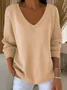 Casual Plain V Neck Long Sleeve T-shirt