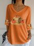 Vintage Halloween Pumpkin Print Crew Neck Three Quarter Sleeve T-shirt