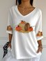 Vintage Halloween Pumpkin Print Crew Neck Three Quarter Sleeve T-shirt