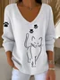 Casual Cute Cat Print V Neck Long Sleeve T-shirt