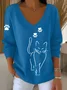 Casual Cute Cat Print V Neck Long Sleeve T-shirt