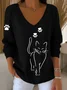 Casual Cute Cat Print V Neck Long Sleeve T-shirt